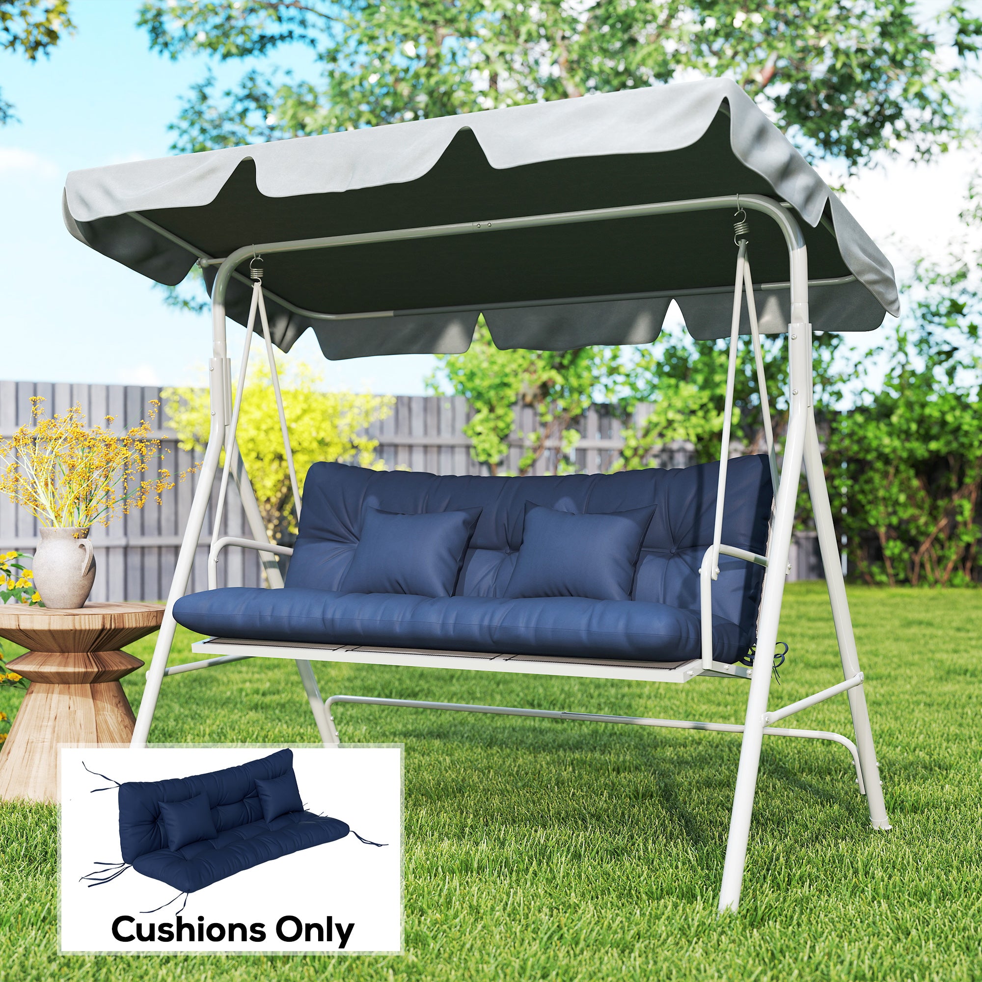 Outsunny Outdoor Seat Cushions Back Cushion with 2 Pillows, Water Repellent Seat Pads for 3-Seater Chair, Dark Blue 