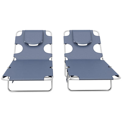 Outsunny Foldable Sun Lounger Set of 2 with Reading Hole, Portable Sun Lounger with 5 Level Adjustable Backrest, Reclining Lounge Chair with Side Pocket, Headrest Pillow, Grey 