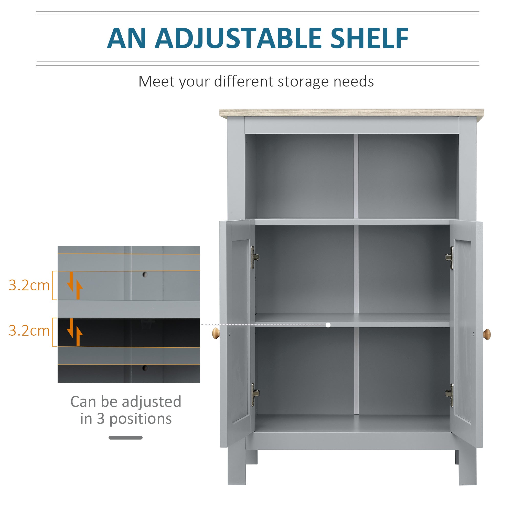 kleankin Bathroom Floor Cabinet, Free Standing Cupboard with Double Doors and Adjustable Shelf for Kitchen, Hallway, Living Room, Grey 
