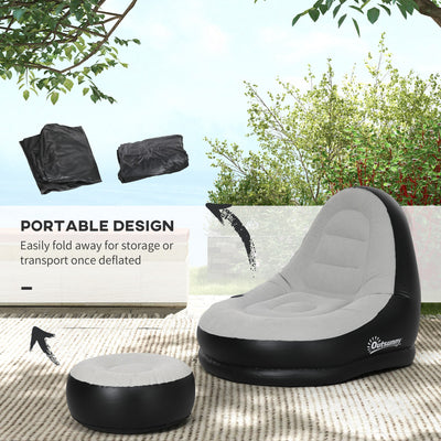 Outsunny Inflatable Sofa Chair and Foot Stool Set with Cup Holder, for Gaming, Reading and Movie Watching, Grey 