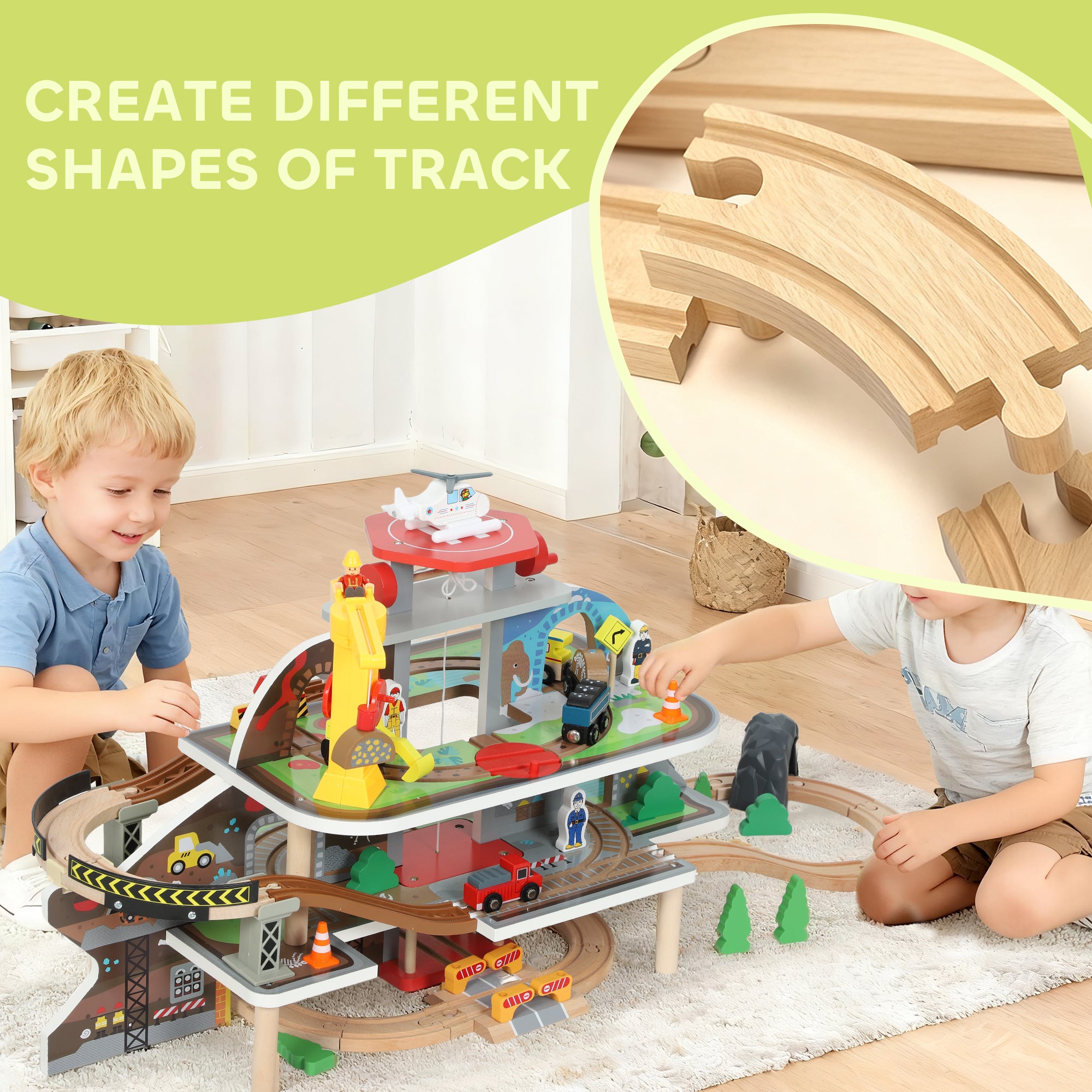 AIYAPLAY 79 Piece Wooden Train Set, Kids Train Track Mine Themed with Crane, Helicopter 