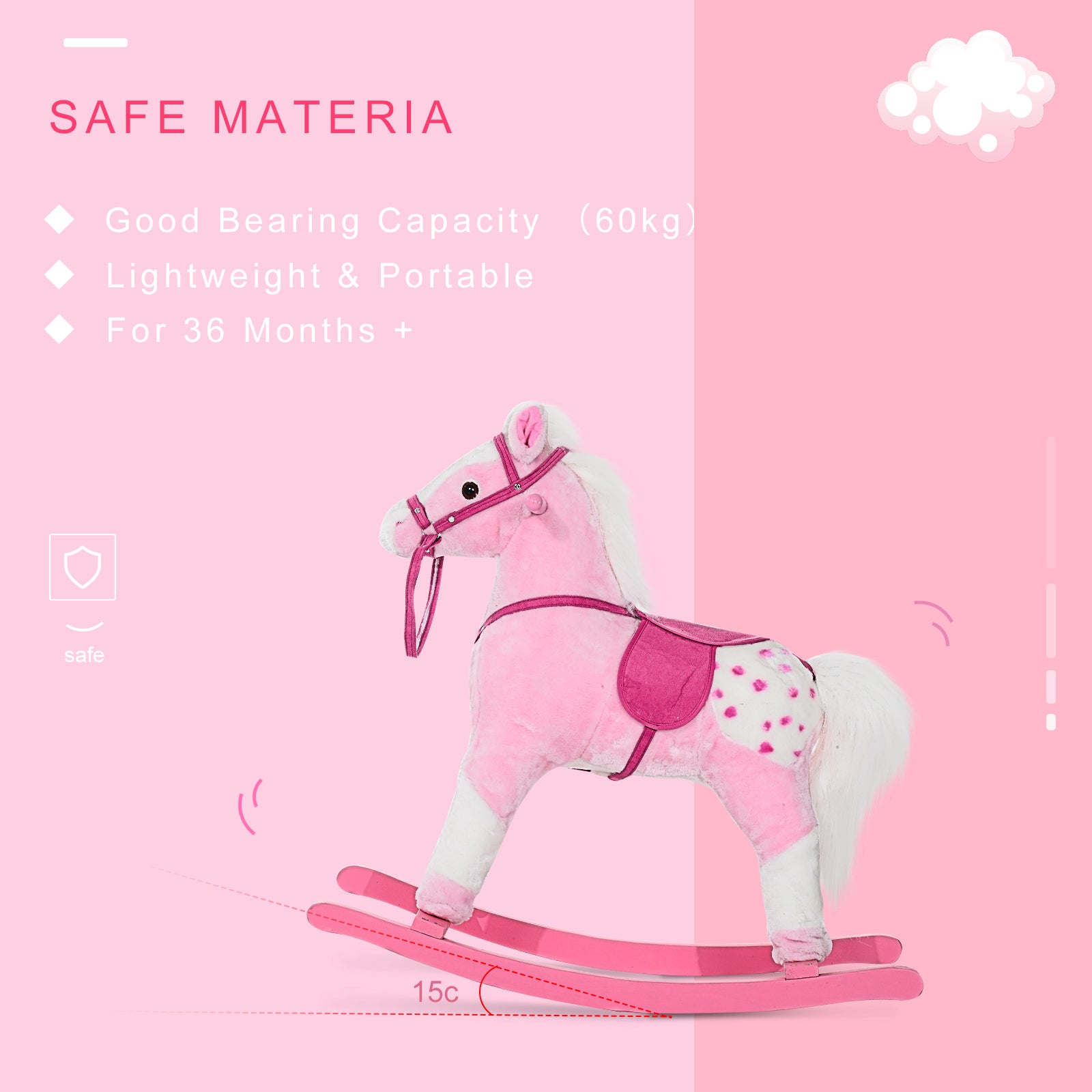HOMCOM Baby Rocking Horse Plush Ride on Animals Rocker with Sound Handle Grip for Kids 3-6 Years - Pink 