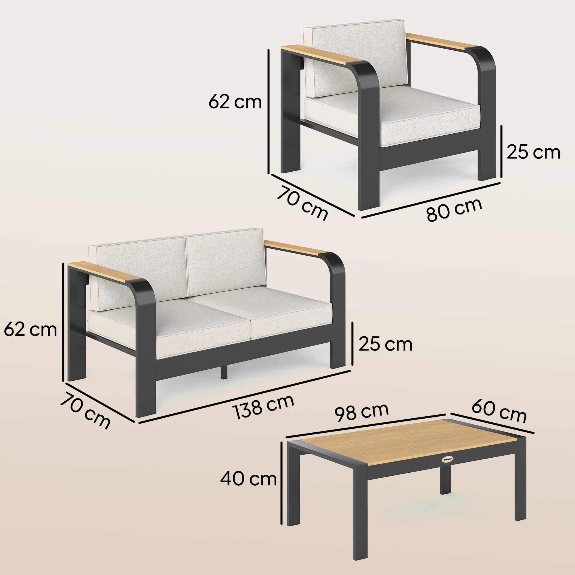 Outsunny 4 Seater Aluminium Garden Furniture Set, Olefin Cushions, Garden Sofa Set with Loveseat, Armchairs, Table, Beige 