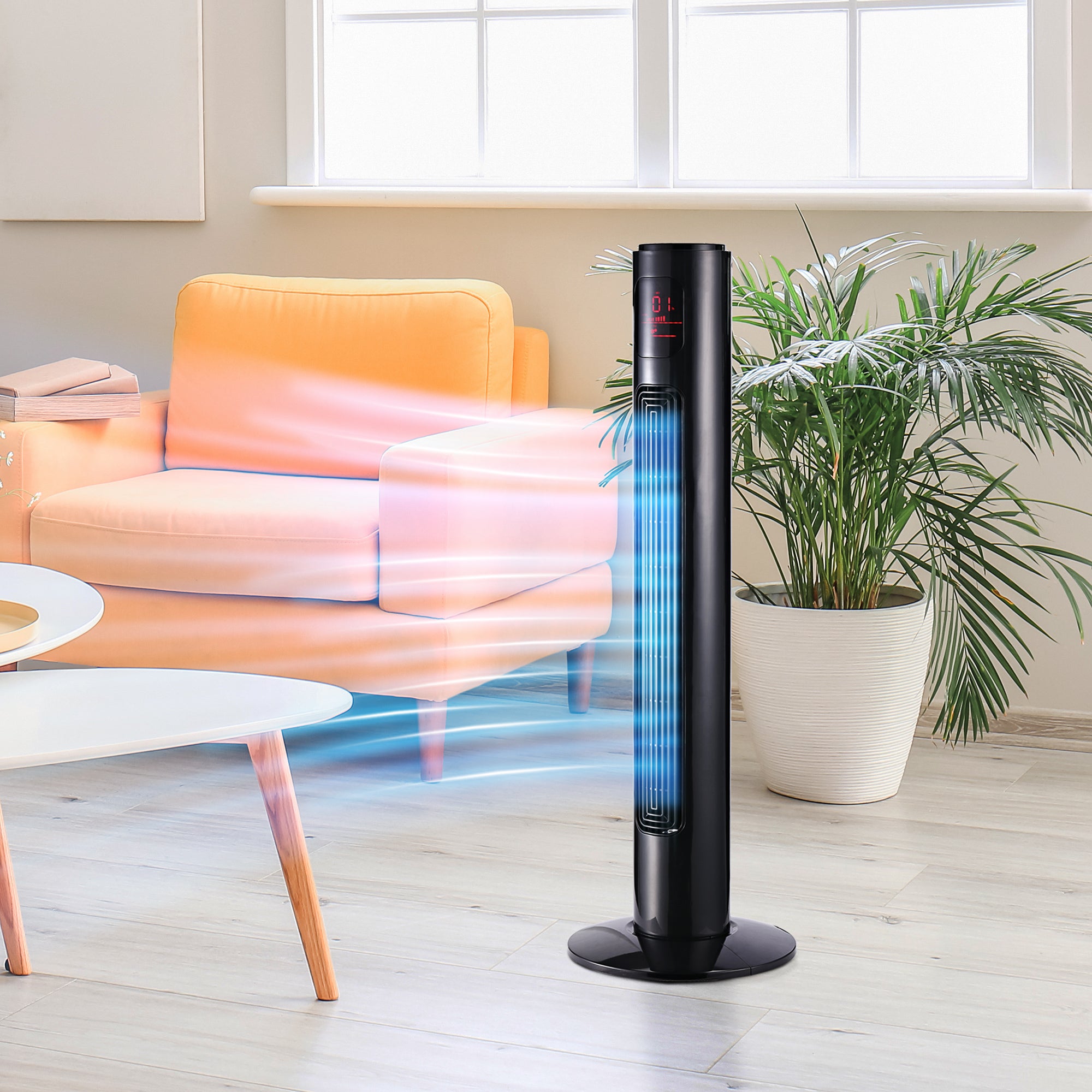 HOMCOM 38'' Freestanding Tower Fan, 3 Speed 3 Mode, 12h Timer, 70 Degree Oscillation, LED Panel, 5M Remote Controller, Black 