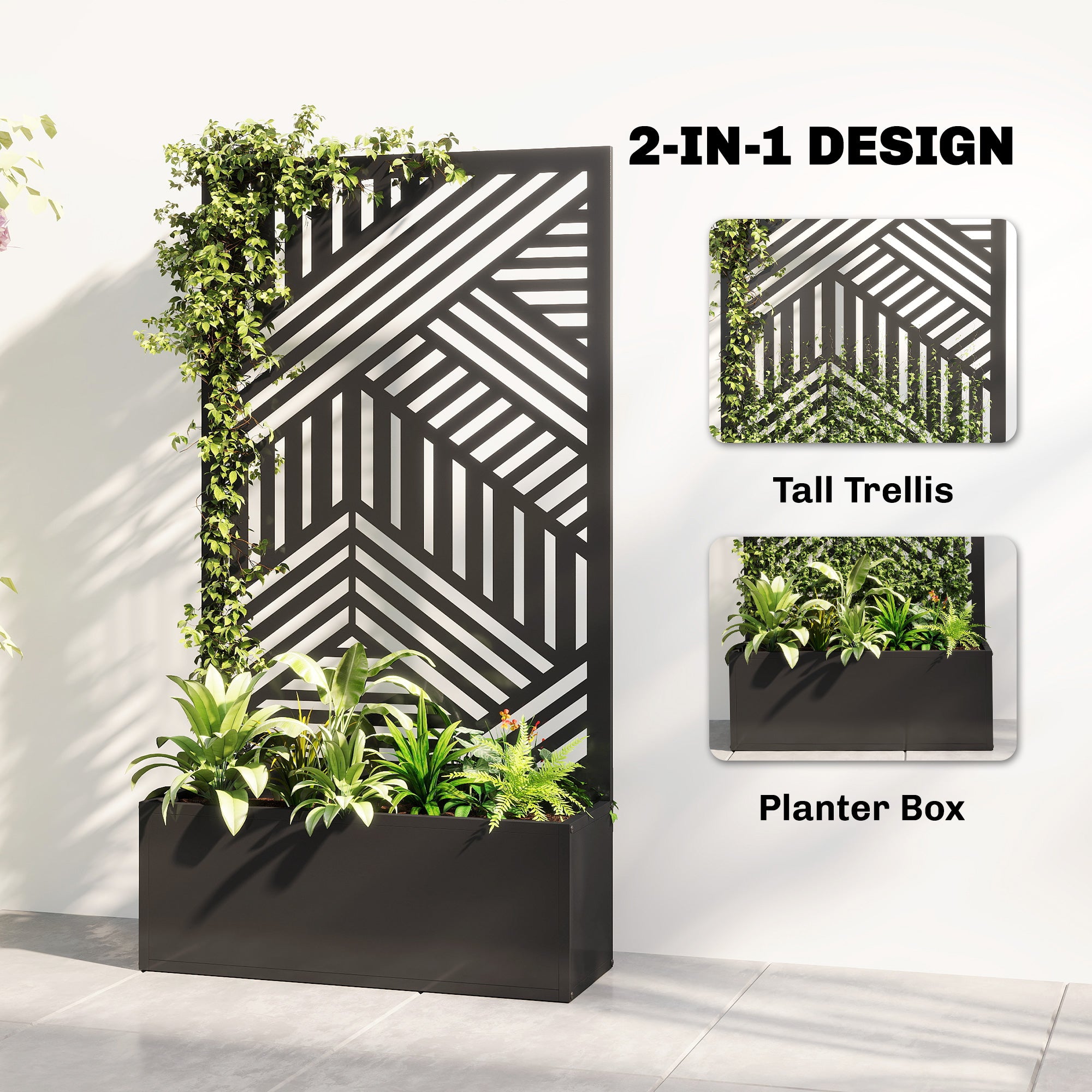 Outsunny Metal Garden Bed for Garden with Trellis, Raised Garden Bed with Privacy Screen, Geometric Slatted Cut-Out 