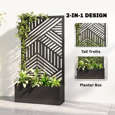 Outsunny Metal Garden Bed for Garden with Trellis, Raised Garden Bed with Privacy Screen, Geometric Slatted Cut-Out 