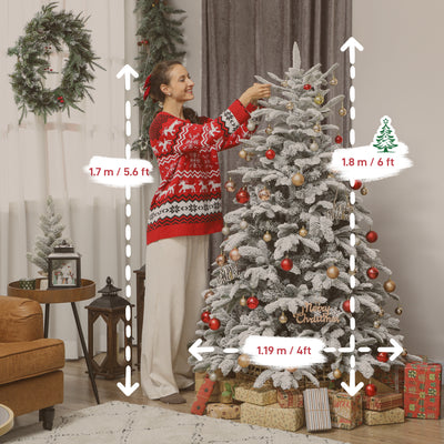 HOMCOM 6 ft Artificial Flocked Christmas Tree with 1182 Branches, Hinged Xmas Tree with Foldable Metal Stand, Easy Assembly for Home Office Decor 