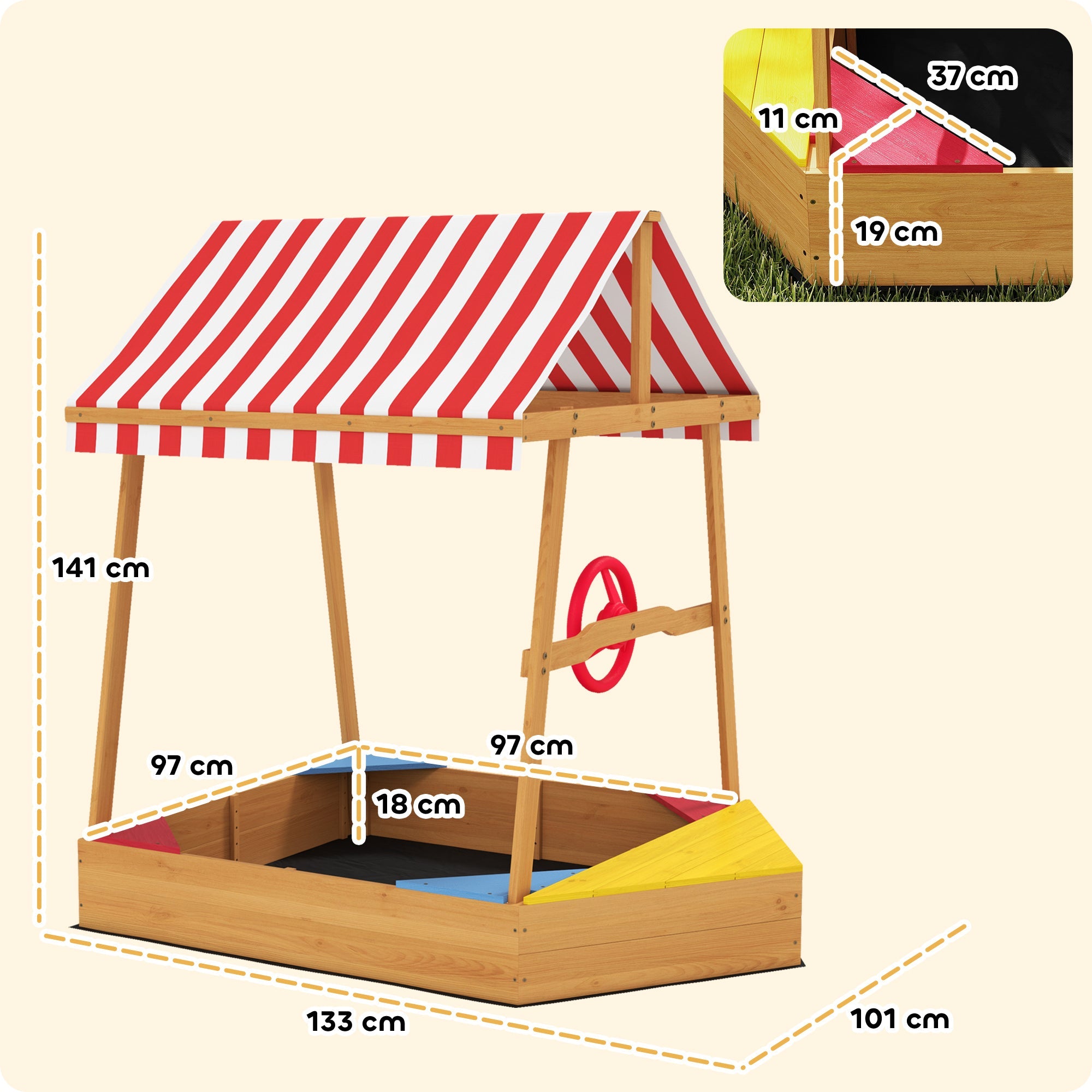 AIYAPLAY Wooden Kids Sandpit Boat Style with Canopy, 4 Seats, Rudder, Bottom Liner, for Children 3-8 Years, Yellow 