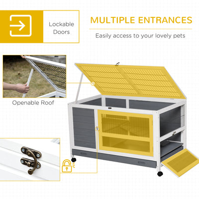 PawHut Indoor Rabbit Hutch Guinea Pig House Wooden Elevated Pet Bunny Cage with Wheels Openable Roof 102 x 60 x 63.5cm Grey 