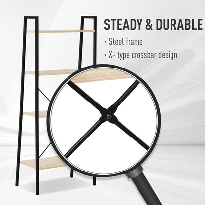 HOMCOM Bookcase 4-Tier Vintage Ladder Shelf with Wood Storage Rack, Stand Plants Display, Black and Natural 