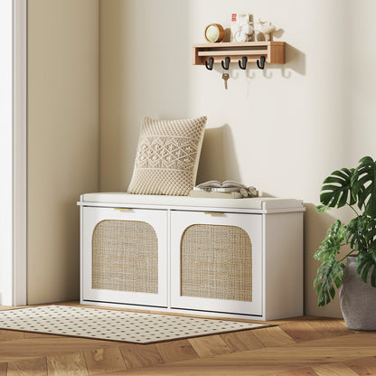 HOMCOM Boho Shoe Bench with Padded Seat and 2 Flip-Drawers - White