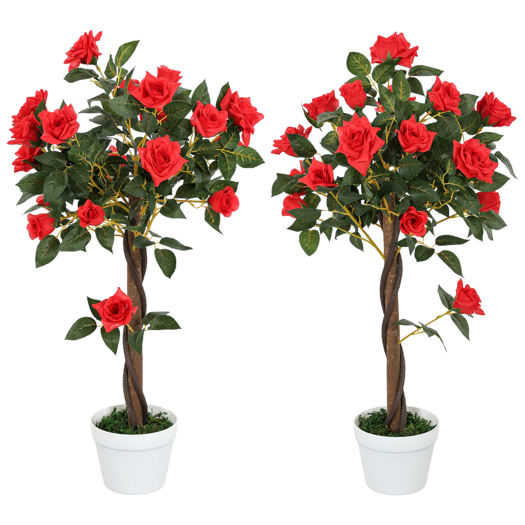 Outsunny Set of 2 Artificial Plants White Rose Floral in Pot, Fake Plants for Home Indoor Outdoor Decor, 90cm, Red 