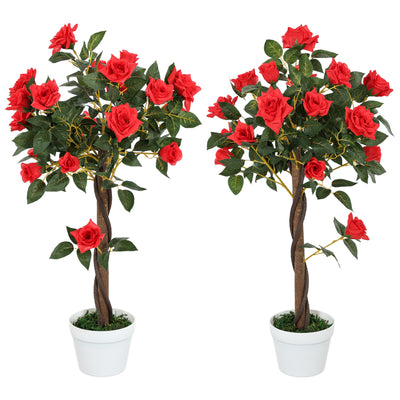Outsunny Set of 2 Artificial Plants White Rose Floral in Pot, Fake Plants for Home Indoor Outdoor Decor, 90cm, Red 