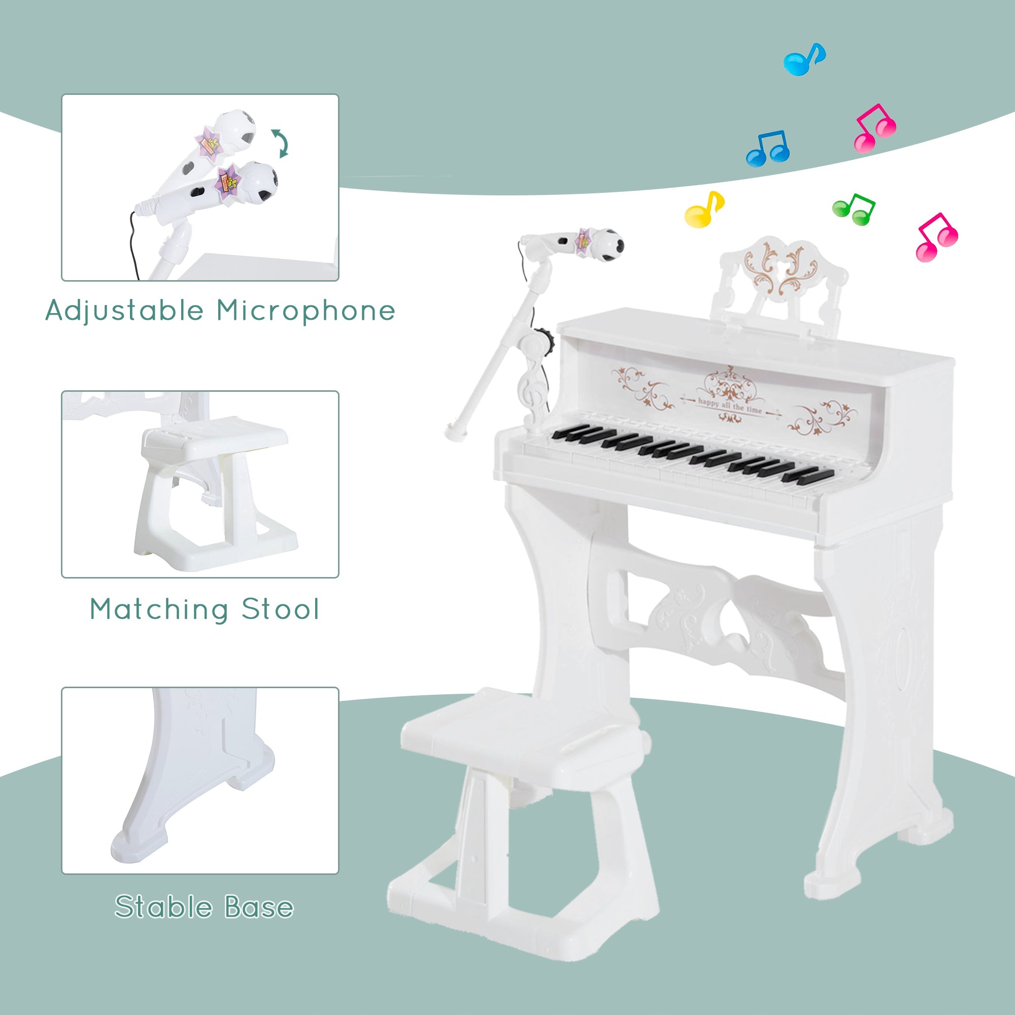 HOMCOM 37 Keys Kids Piano Mini Electronic Keyboard Light Kids Musical Instrument Educational Game Children Grand Piano Toy Set w/Stool & Microphone & Music Stand (White) 