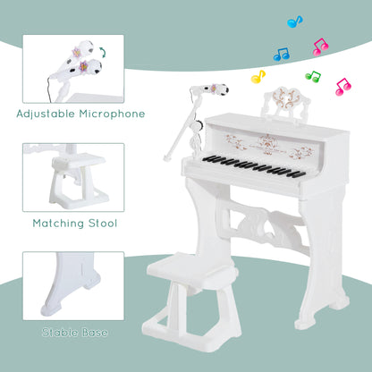 HOMCOM 37 Keys Kids Piano Mini Electronic Keyboard Light Kids Musical Instrument Educational Game Children Grand Piano Toy Set w/Stool & Microphone & Music Stand (White) 