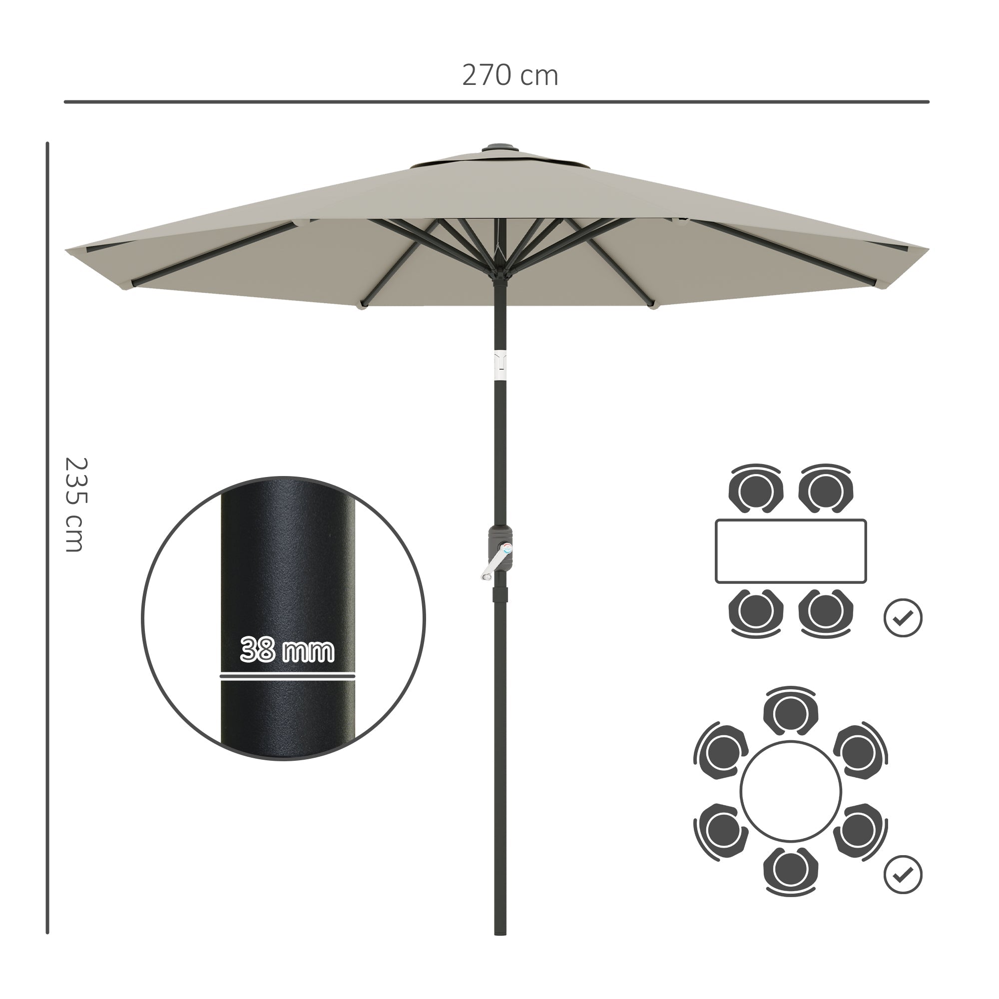 Outsunny 2.7M Garden Parasol Umbrella with Tilt and Crank, Outdoor Sun Parasol Sunshade Shelter with Aluminium Frame, Light Grey 