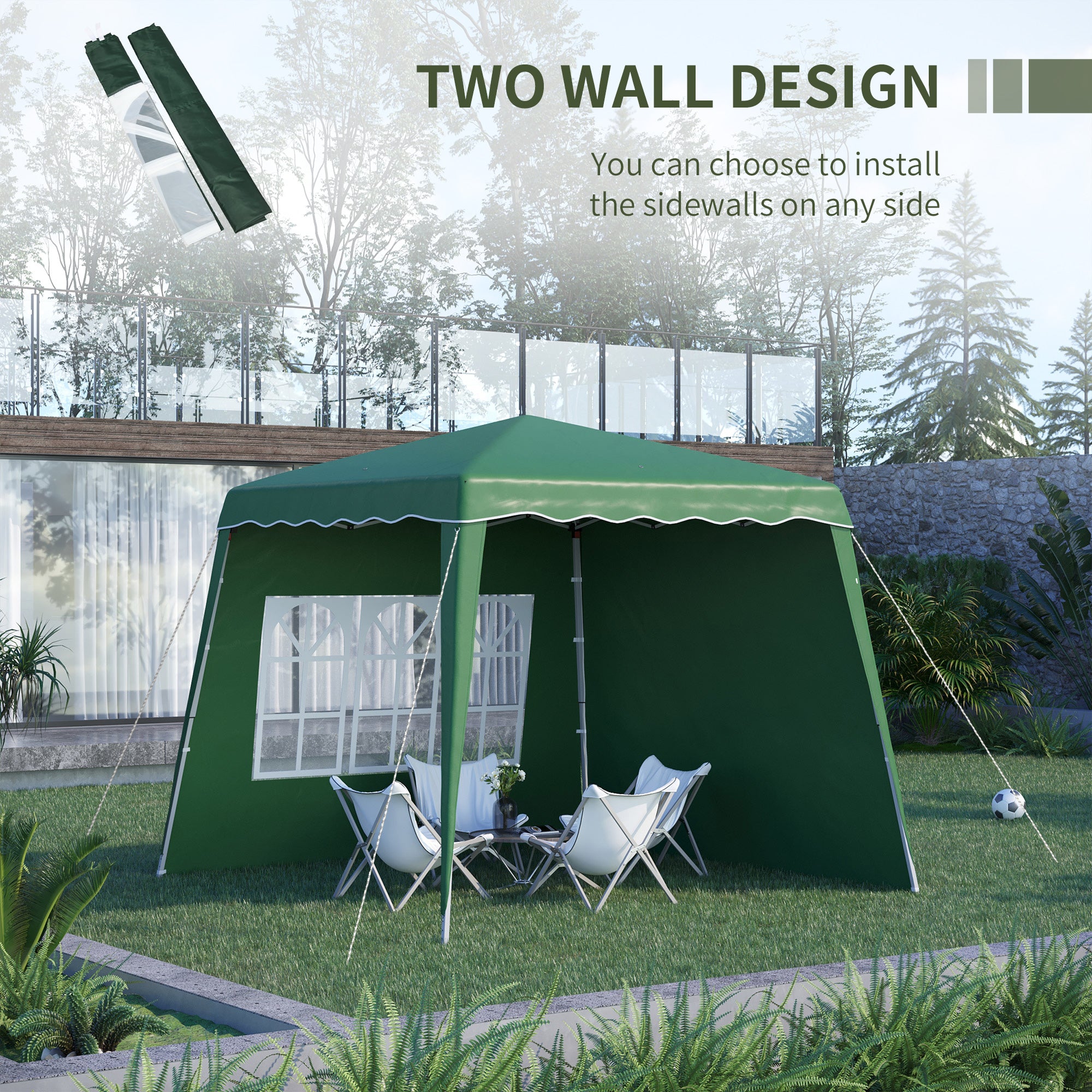 Outsunny 2.9 x 2.9m Pop Up Gazebo Canopy Tent with 2 Sidewalls and Carry Bag, Height Adjustable, UV50+ Party Tent Event Shelter for Garden, Patio, Green