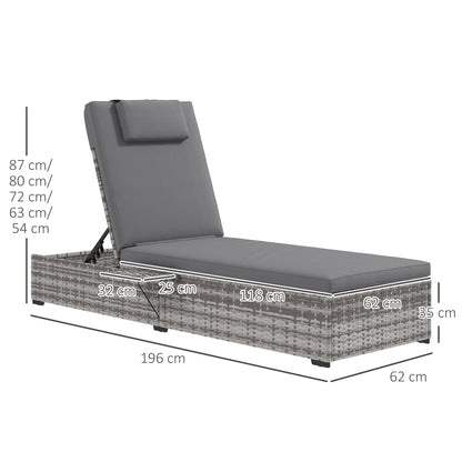 Outsunny Outdoor Patio PE Rattan Lounger with Cushion, 5-Level Reclining Wicker Rattan Sun Lounger with Tea Tray, for Poolside, Patio, Deck, 120kg Weight Capacity, Grey