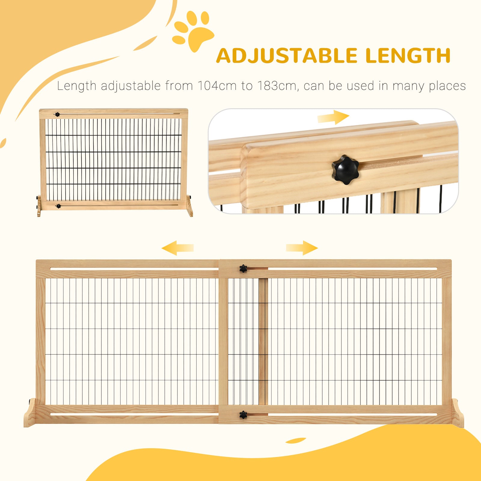 PawHut Freestanding Dog Gate, Foldable Pet Fence, Indoor Wood Barrier, Stair Gate with Support Feet, for Doorway, Hallway, Small and Medium Dogs, 69H x 104-183 cm, Natural Wood Effect 