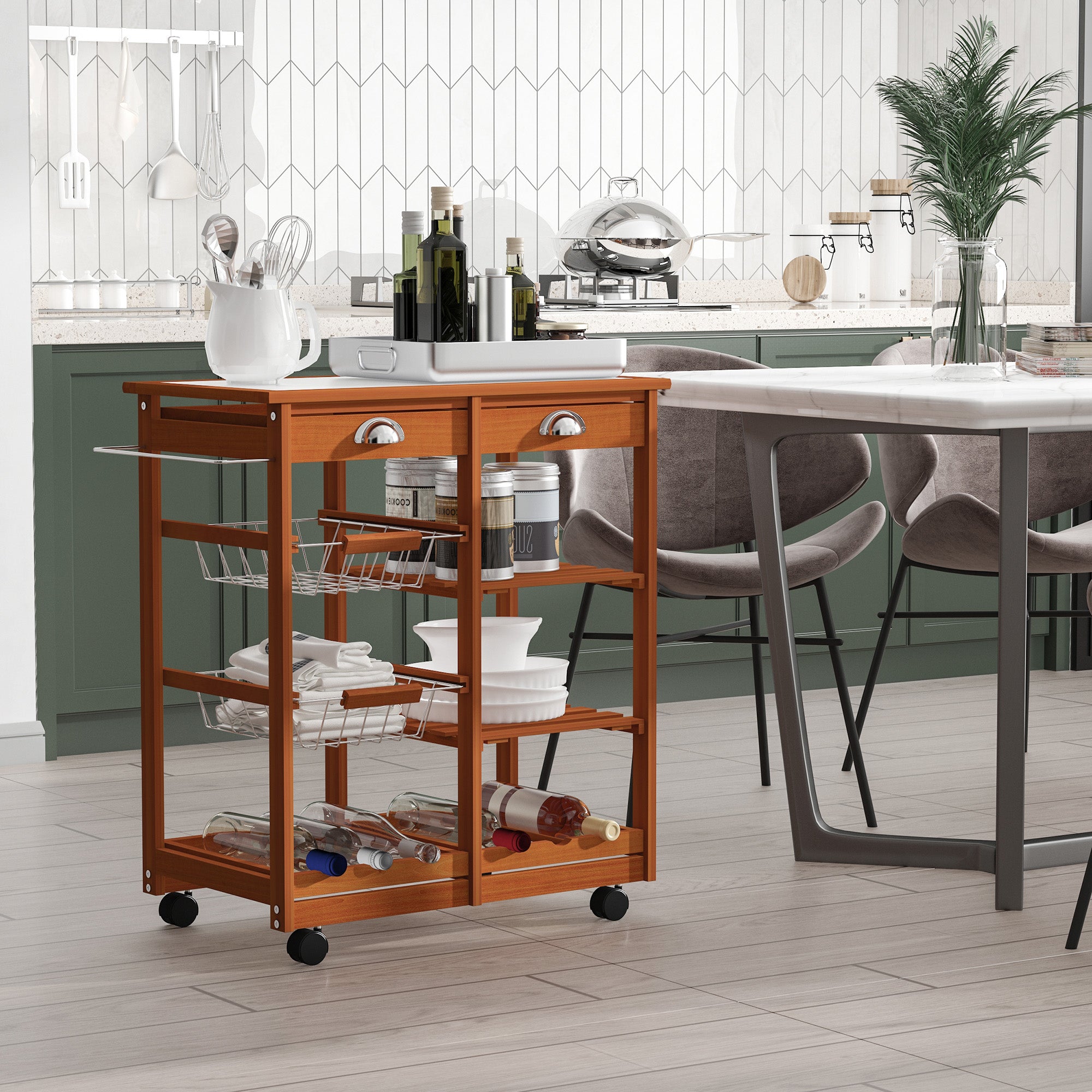 HOMCOM Rolling Kitchen Island Trolley Cart Drawer Shelves Basket Wheels W/  6 Bottle Wine Rack, Honey Colour 