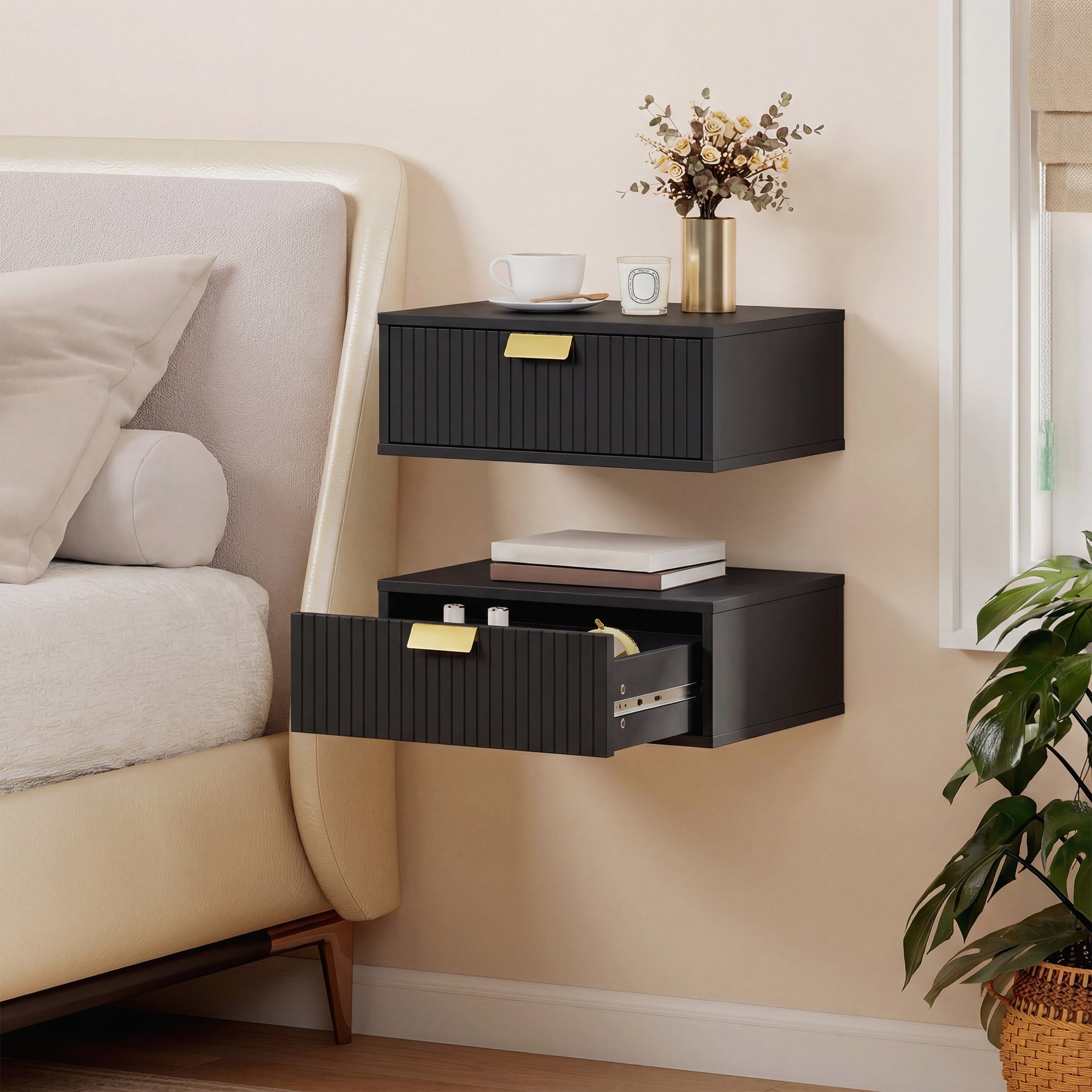 HOMCOM Modern Floating Nightstands Set of 2, Wall Mounted Bedside Tables with Wave Drawer Black 
