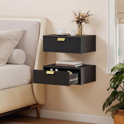 HOMCOM Modern Floating Nightstands Set of 2, Wall Mounted Bedside Tables with Wave Drawer Black 