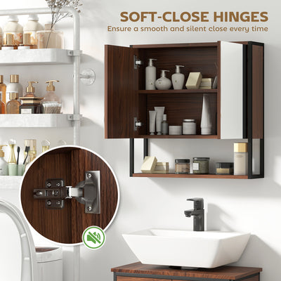 HOMCOM Bathroom Mirror Cabinet with Soft-Close Doors and Adjustable Shelf - Natural Wood Finish 