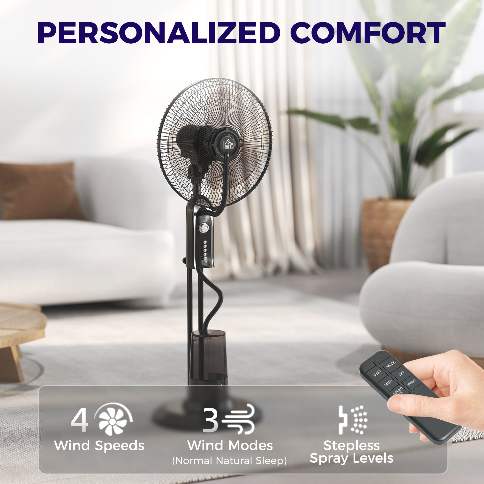 HOMCOM Pedestal Fan with Water Mist Spray, Spray Misting Fan with 70° Oscillation, Tilt Head, 4 Speeds, 3 Modes, Adjustable Mist, 3.2L Water Tank, for Home, 120 cm