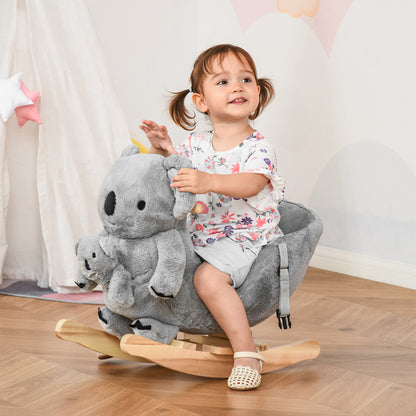 HOMCOM Kids Toddler Rocking Horse Plush Ride On Koala Rocker Wooden Base Seat Safety Belt w/ Gloved Doll Toy for 18-36 Months Grey 