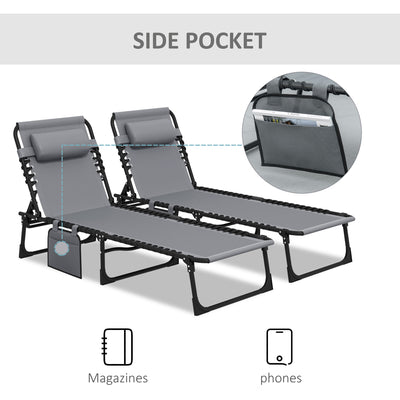 Outsunny Portable Sun Lounger Set of 2, Folding Camping Bed Cot, Reclining Lounge Chair 5-position Adjustable Backrest with Side Pocket, Pillow for Patio Garden Beach Pool, Grey 