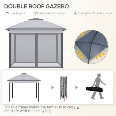 Outsunny 3.3 x 3.3m Pop Up Gazebo, Double Roof Foldable Canopy Tent with Zipped Mesh Sidewalls, Height Adjustable and Carrying Bag, Event Tent for Patio Garden, Grey 