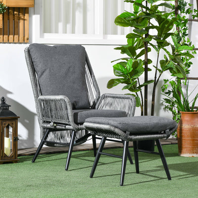Outsunny String Rattan Armchair and Footstool Set, with Cushions - Grey 