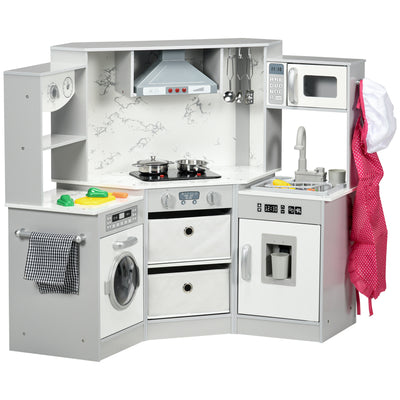 AIYAPLAY Toy Kitchen with Running Water, Lights, Sounds, Apron and Chef Hat, Water Dispenser, for Ages 3-6 Years, Grey 