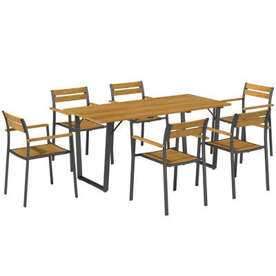 Outsunny 7 Piece Garden Dining Set, Fir Wood Garden Furniture Set with Rectangle Table and 6 Stackable Chairs, Umbrella Hole, Slatted Top and Steel Frame, for Patio Balcony Porch, Brown 