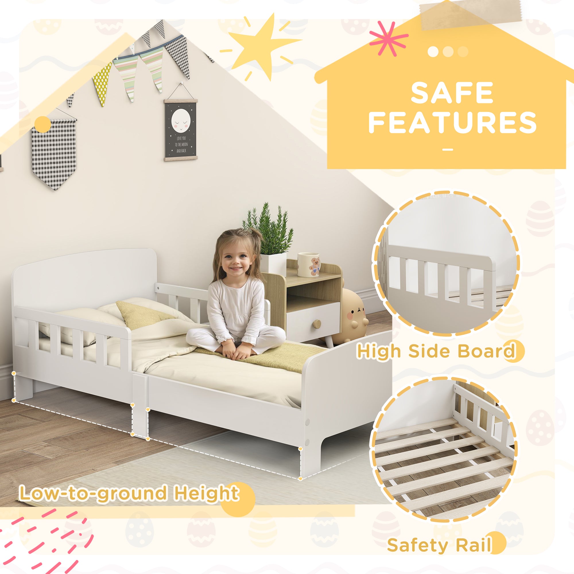AIYAPLAY Toddler Bed, Kids Bed Frame with Safety Side Rails, Kids Bedroom Furniture for Ages 3-8 Years, White 