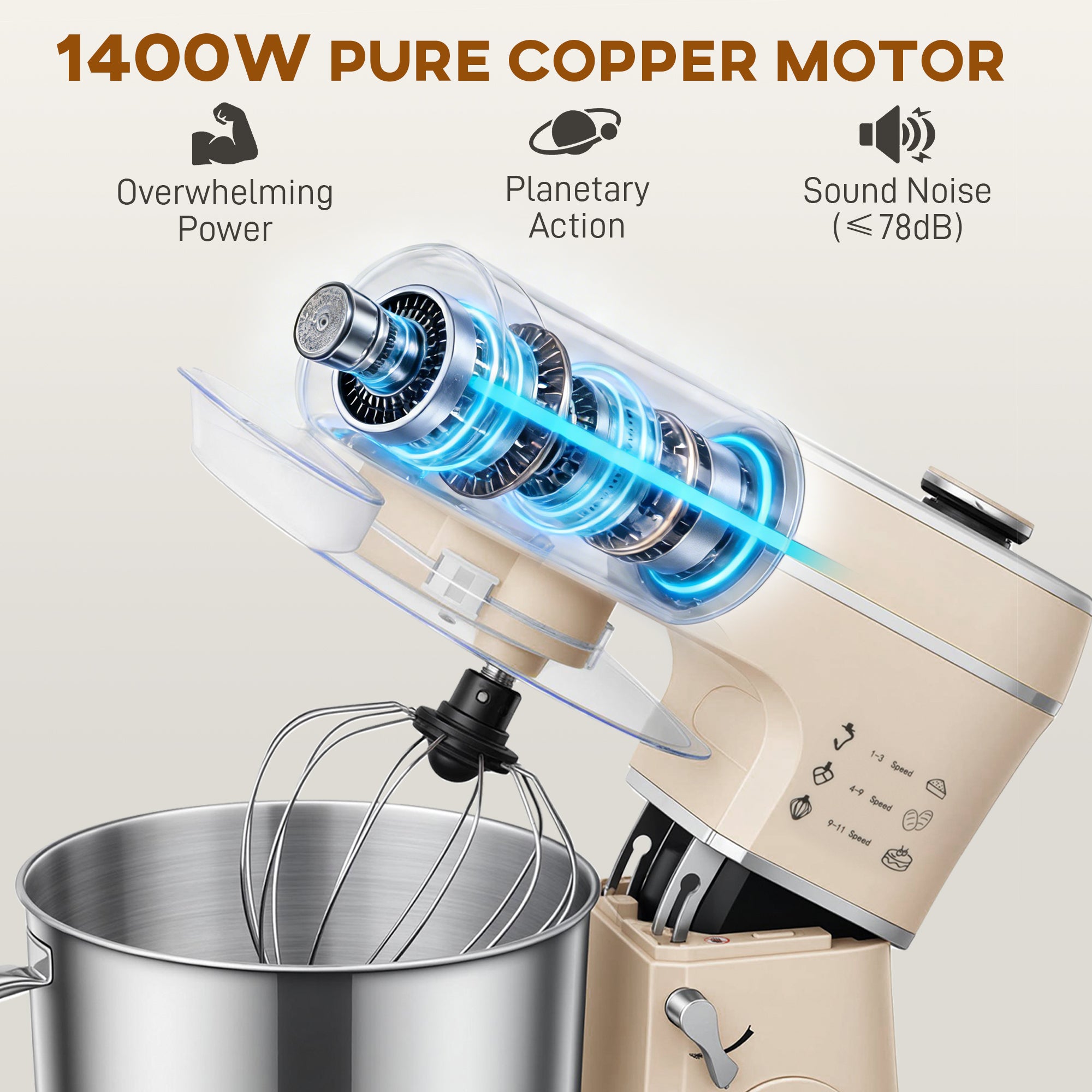 HOMCOM Stand Mixer, 6L 1400W Tilt-Head Food Mixer with 11 Speeds, Pulse & Fermentation Function, LED Display, Cream 