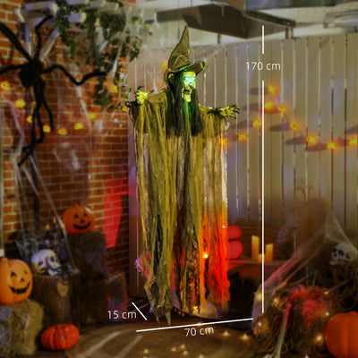 Outsunny 170 cm Life Size Hanging Halloween Animated Witch with Glowing LED Eyes, Spooky Witch Scary Halloween Decorations, Battery Operated, Indoor Party Props 