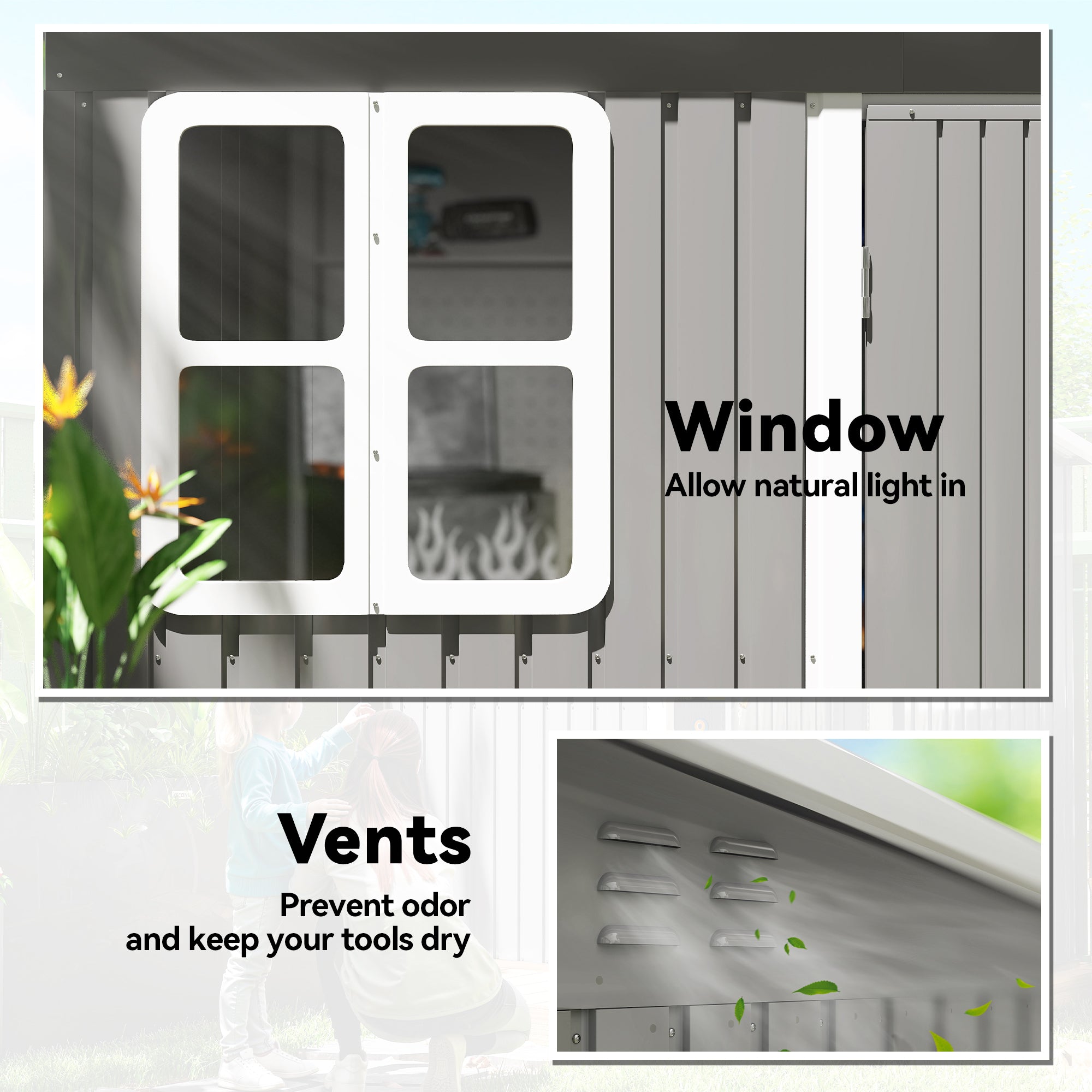 Outsunny 8.5 x 6ft Storage Shed Galvanised Steel Garden Shed, Metal Shed with Foundation Kit, Window, Lockable Wide Doors and Air Vents for Outdoor Patio, Light Grey 