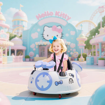 AIYAPLAY Hello Kitty Kids Ride on Bumper Car with Remote Control, Two Joysticks, Music, Lights, Safety Belt, White 
