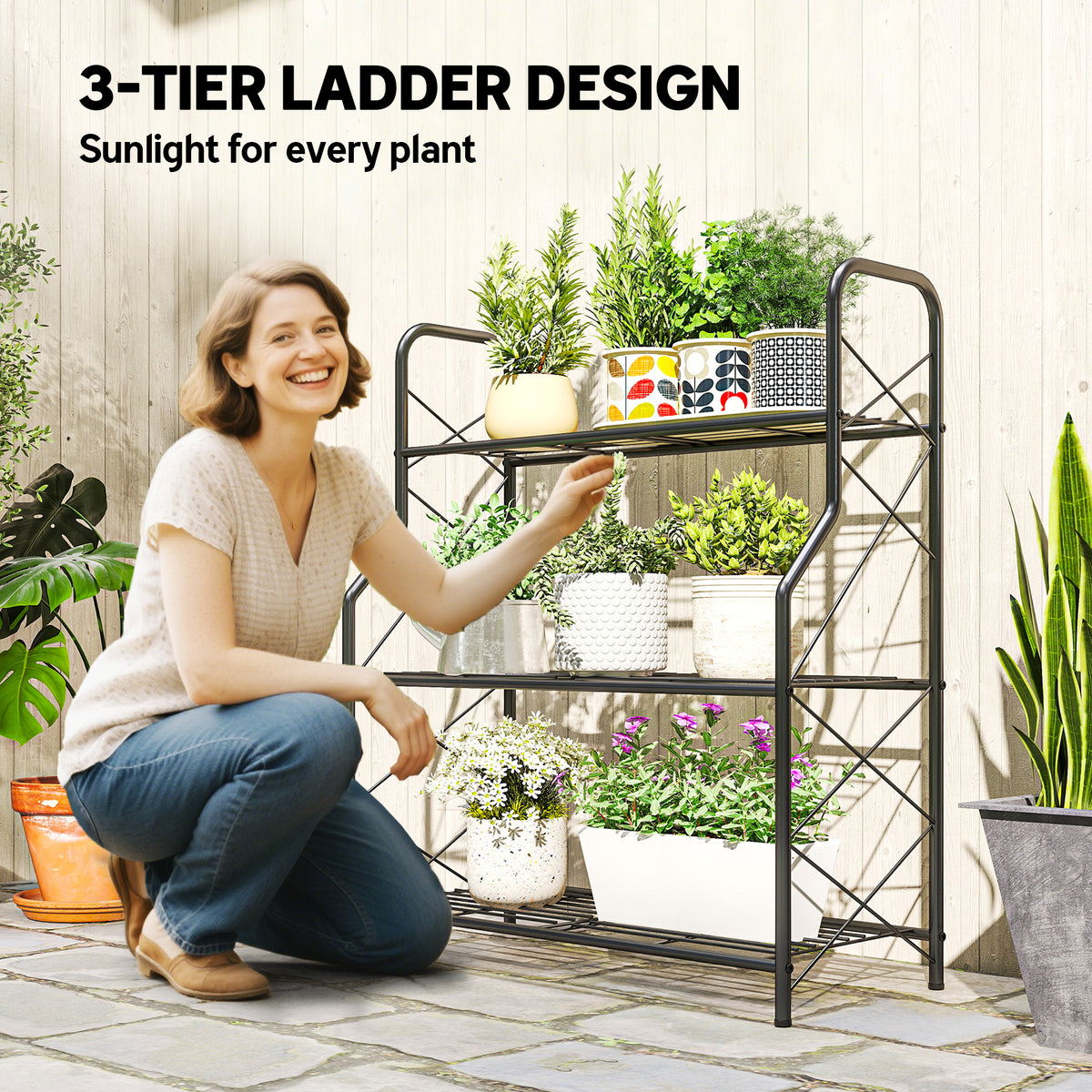 Outsunny 3-Tier Metal Plant Stand, Heavy Duty Ladder Shelf Potted Plants Display Rack, Indoor Outdoor Flower Pot Holder 