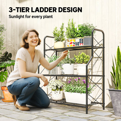 Outsunny 3-Tier Metal Plant Stand, Heavy Duty Ladder Shelf Potted Plants Display Rack, Indoor Outdoor Flower Pot Holder 