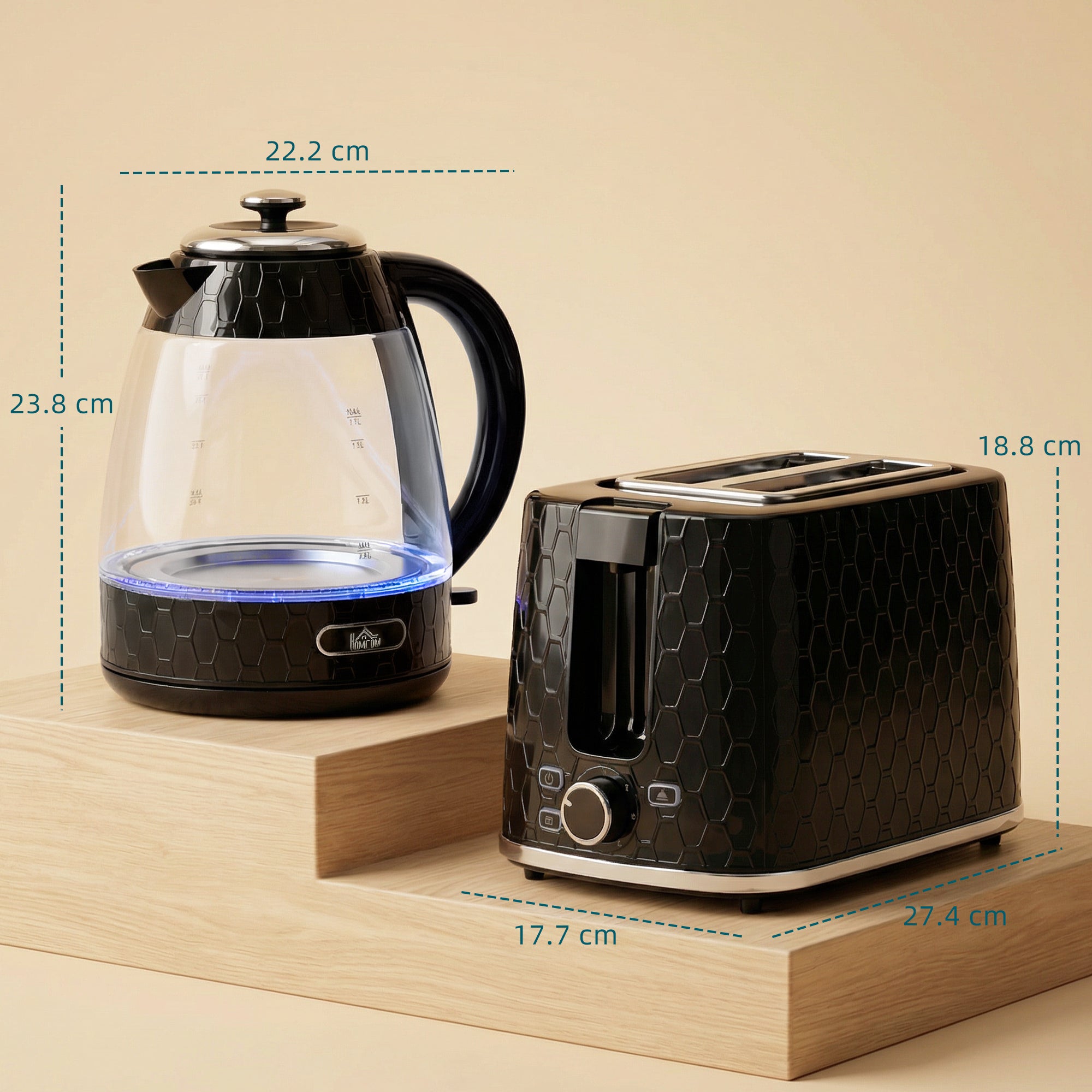 HOMCOM Kettle and Toaster Set, 1.7L 3000W Rapid Kettle with Limescale Filter, 2 Slice Toaster with 7 Browning Controls, Black 