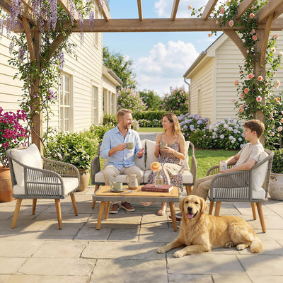Outsunny 4 Piece Rattan Garden Furniture Set with Loveseat, Armchairs, Wood Table, Wicker Patio Conversation Set, Cream White 