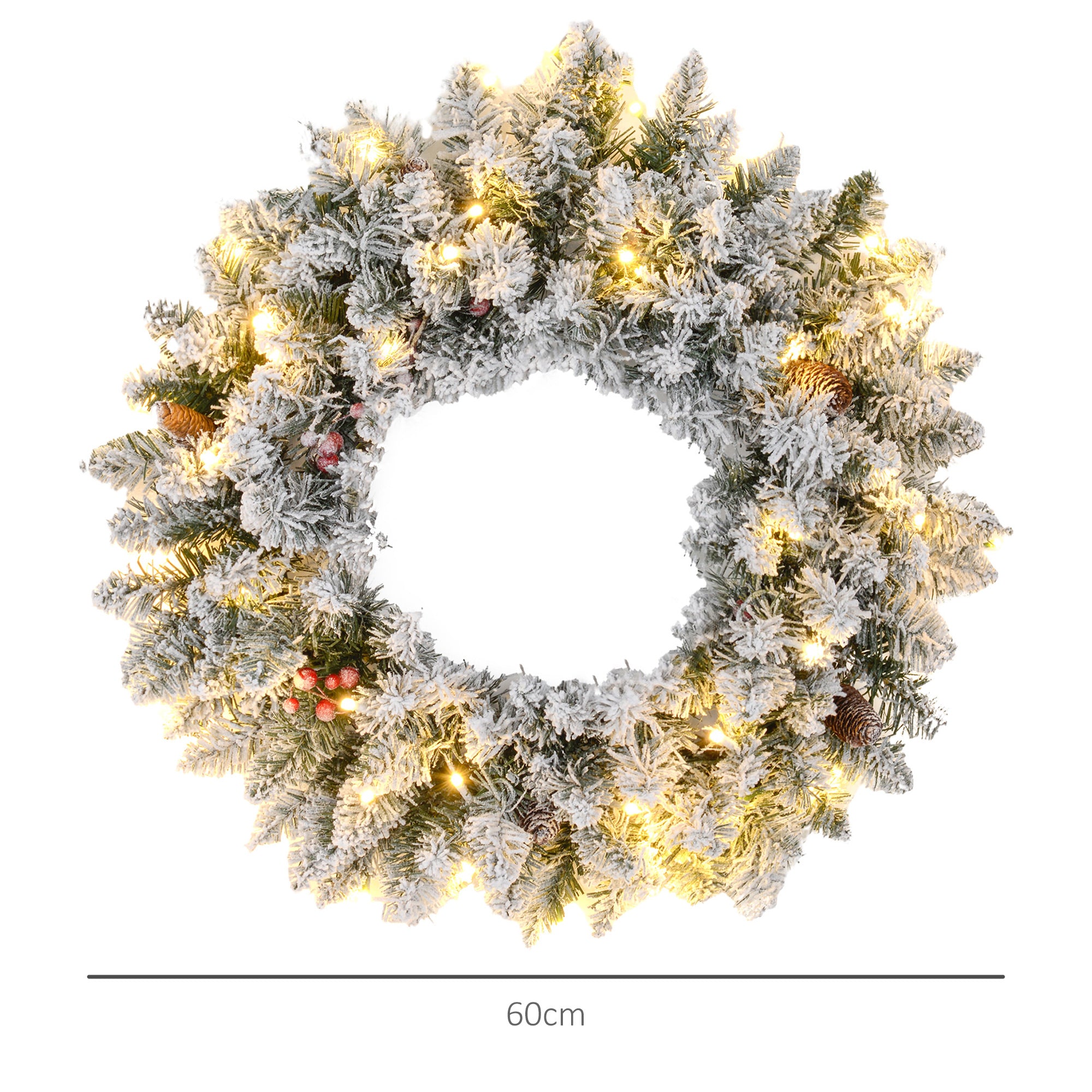 HOMCOM 60" Snowy Pine Cone and Berry Christmas Wreath, with LED Lights