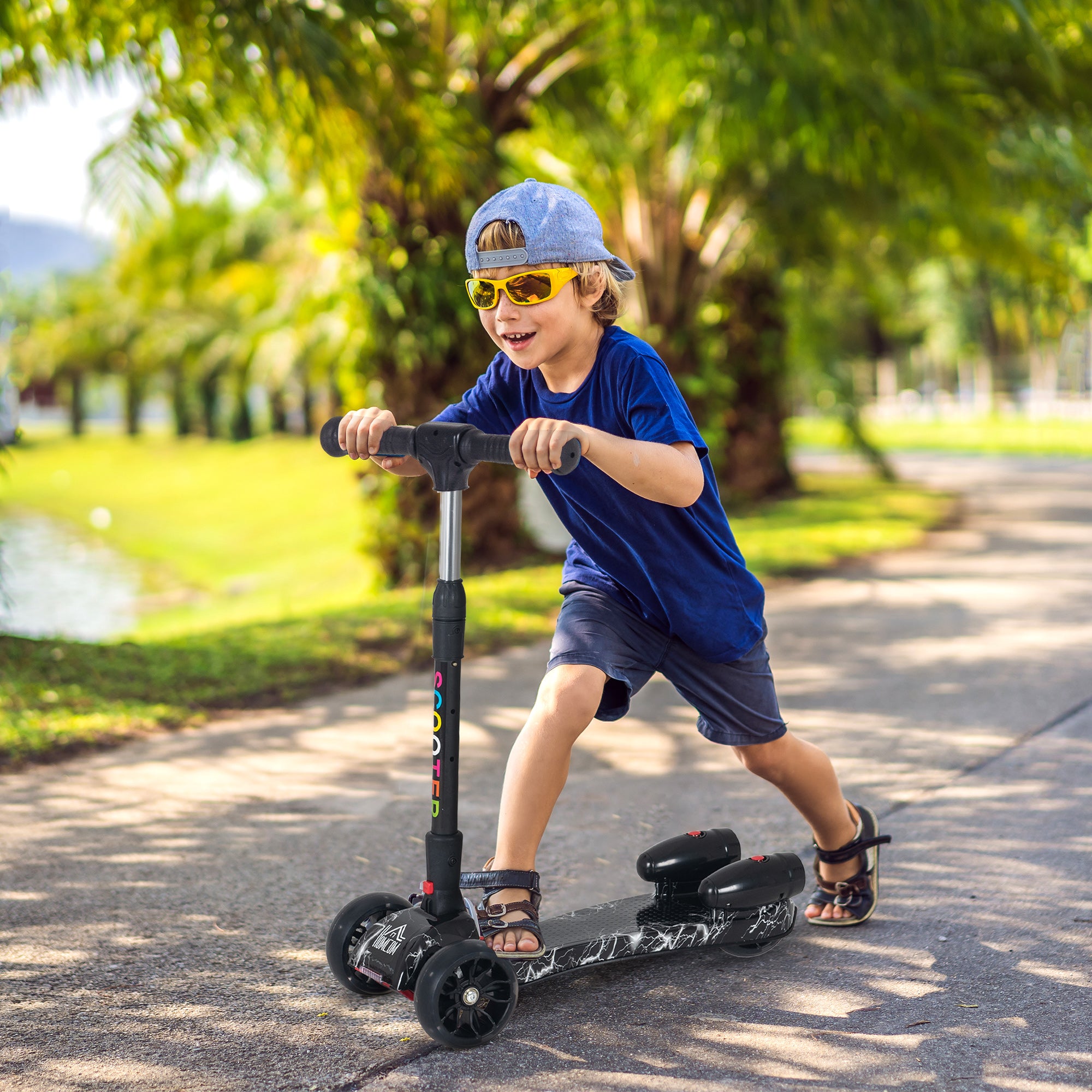 HOMCOM Kids 3 Wheel Plastic Scooter Adjustable Height w/ Engine-Look Water Spray Black 