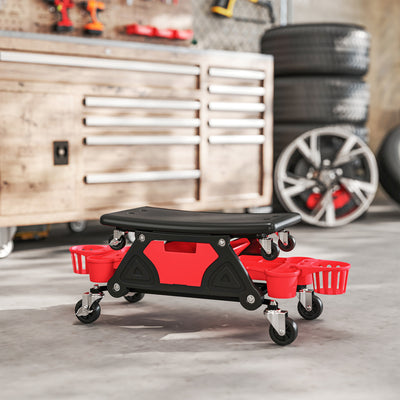 HOMCOM Rolling Mechanic Stool, 135kg Capacity Workshop Stool with 360° Swivel Wheels, Roller Creeper Seat with Slide Out Tool Trays, Drawer, Bottle Holders for Garage, Shop, Auto Repair, Red 