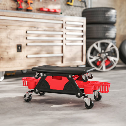 HOMCOM Rolling Mechanic Stool, 135kg Capacity Workshop Stool with 360° Swivel Wheels, Roller Creeper Seat with Slide Out Tool Trays, Drawer, Bottle Holders for Garage, Shop, Auto Repair, Red