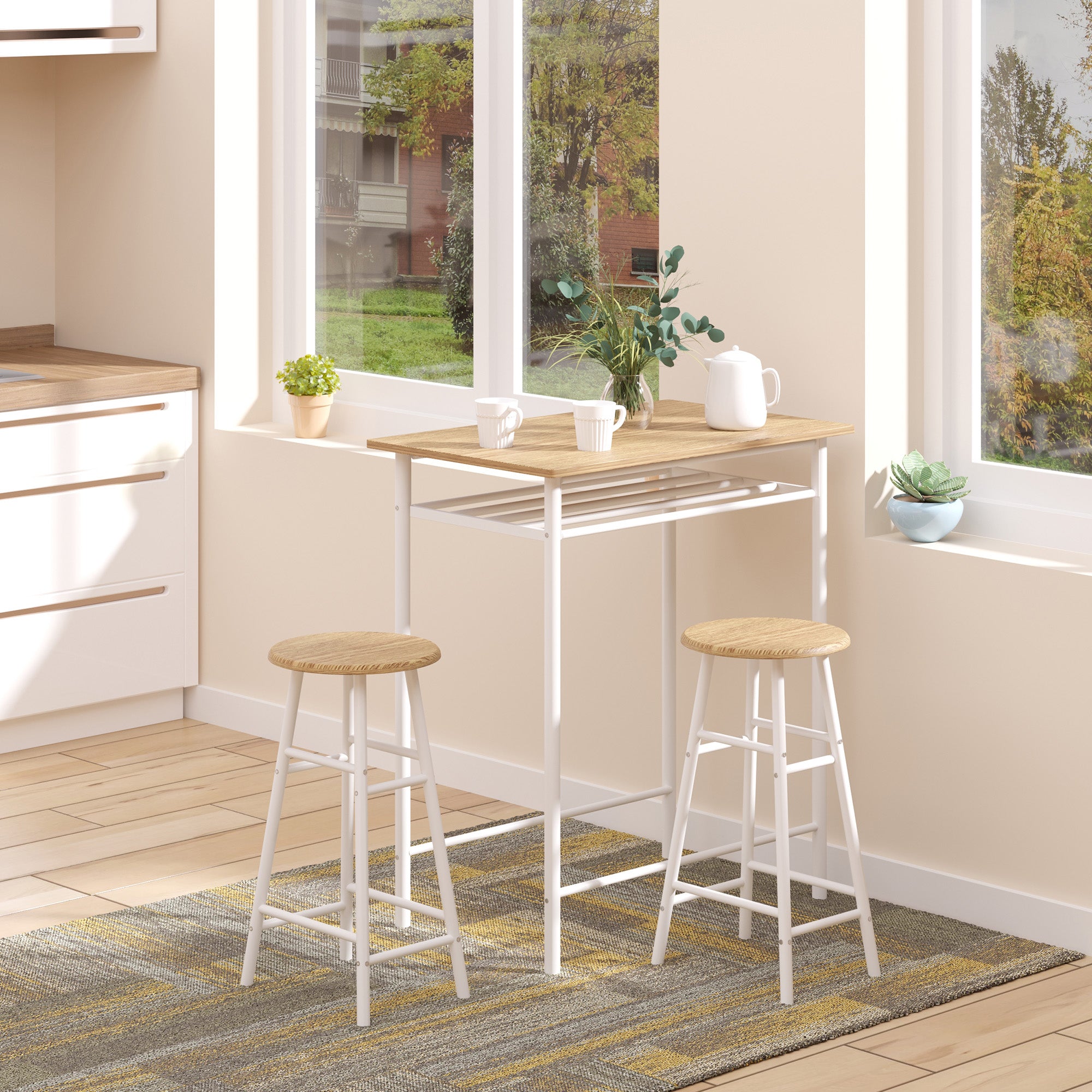 HOMCOM Bar Table Set, Bar Table and Stools Set, Footrest and Storage Shelf, for Kitchen, Dining Room, Pub, Cafe, White and Oak 