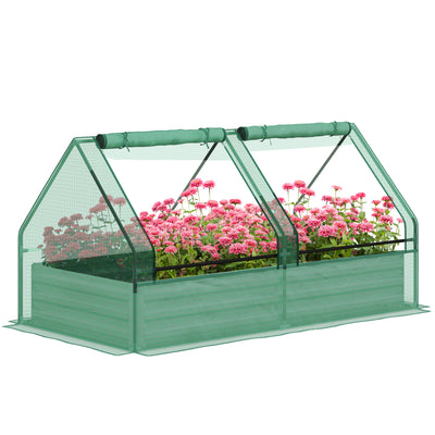 Outsunny Metal Planter Box with Cover, Raised Garden Bed with Greenhouse, for Herbs and Vegetables, Green and Dark Grey 