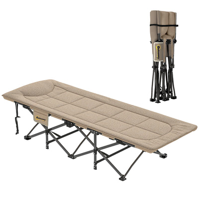 Outsunny Folding Camping Bed for Adults with Cushion, Heavy Duty Portable Travel Camping Cot with Headrest, Side Pocket and Non-Slip Foot Pads for Outdoor Beach Travel Office, Khaki 